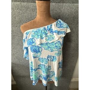 LILLY PULITZER One Shoulder White Blue Seashells Ruffle NEVEAH TOP SIZE Med. F57